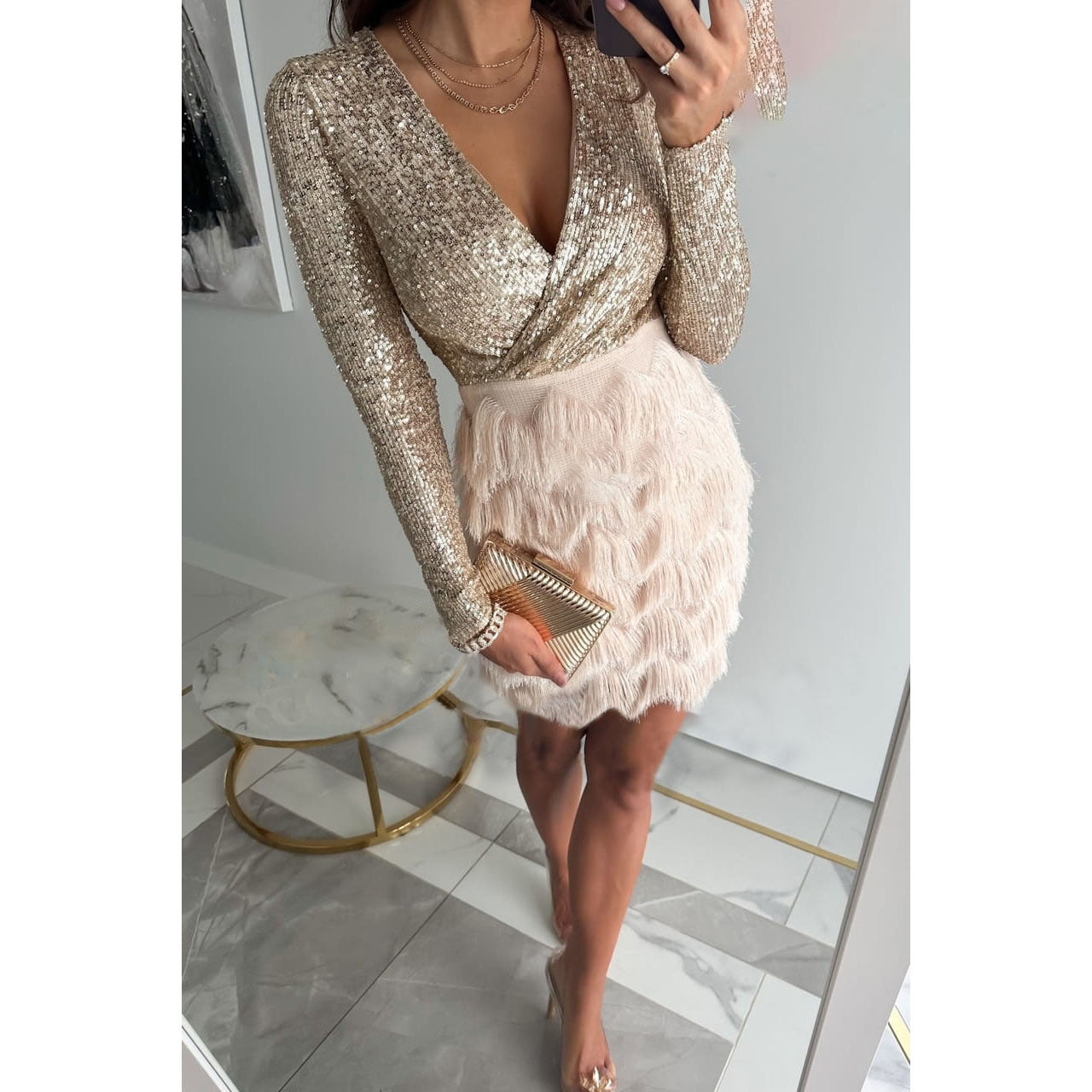 Short Sleeve V Neck Mini Dress with Fringe Hem