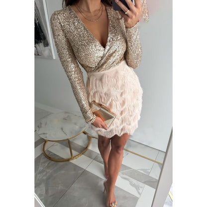 Short Sleeve V Neck Mini Dress with Fringe Hem