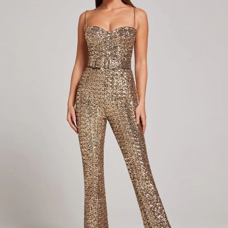 Glitter Women's Wide Leg Jumpsuit with Heart Neck