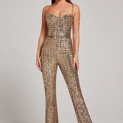 Glitter Women's Wide Leg Jumpsuit with Heart Neck