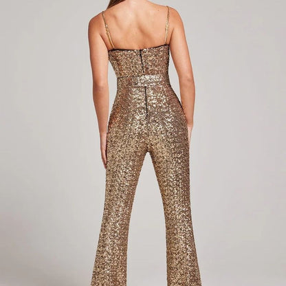 Glitter Women's Wide Leg Jumpsuit with Heart Neck