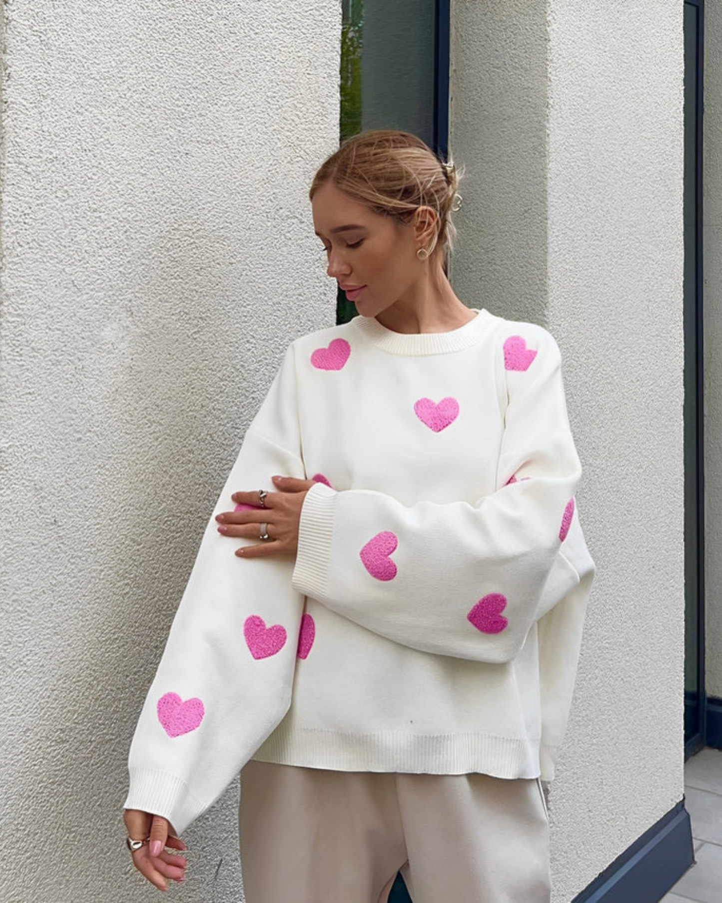 Ladies' Heart Patch Crew Neck Sweater