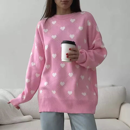 Ladies' Heart Print Stretchy Crew Neck Sweater