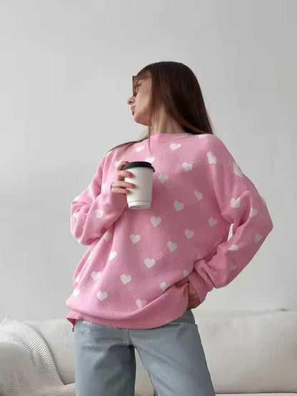 Ladies' Heart Print Stretchy Crew Neck Sweater