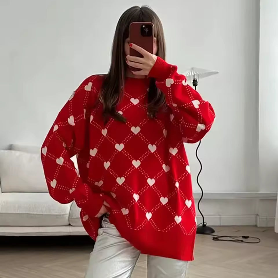Ladies' Heart Print Stretchy Crew Neck Sweater - Nocini