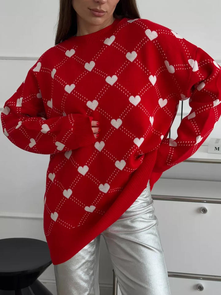 Ladies' Heart Print Stretchy Crew Neck Sweater