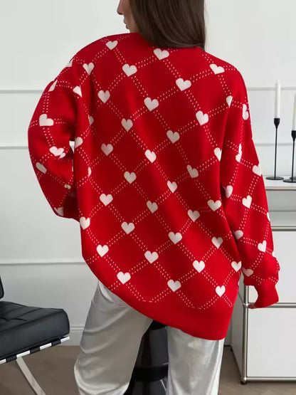Ladies' Heart Print Stretchy Crew Neck Sweater