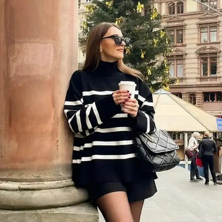 Women's Striped Crew Neck Warm Sweater - Nocini