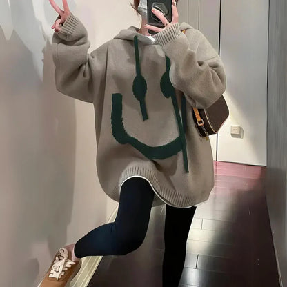 Fun Round Neck Smile Face Women's Sweater - Nocini