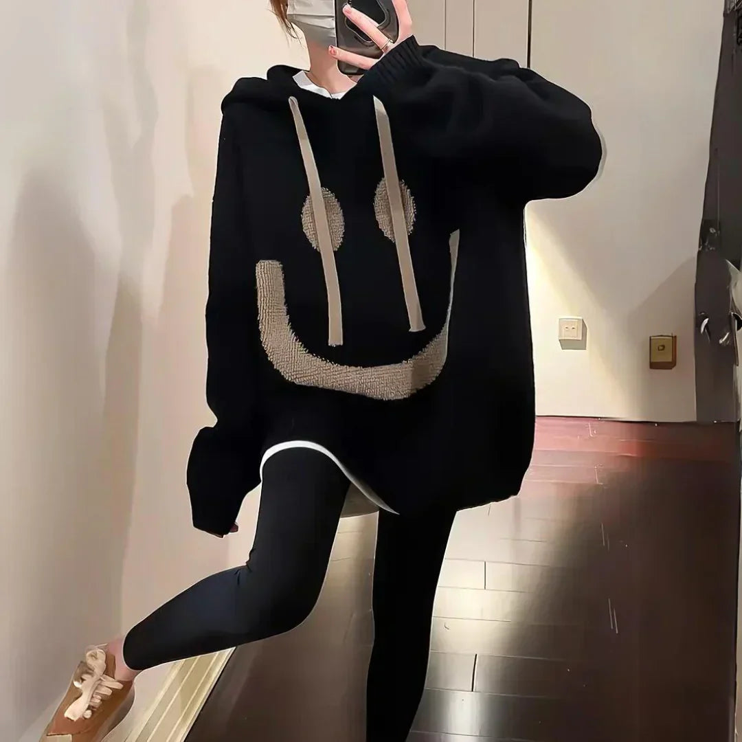 Fun Round Neck Smile Face Women's Sweater