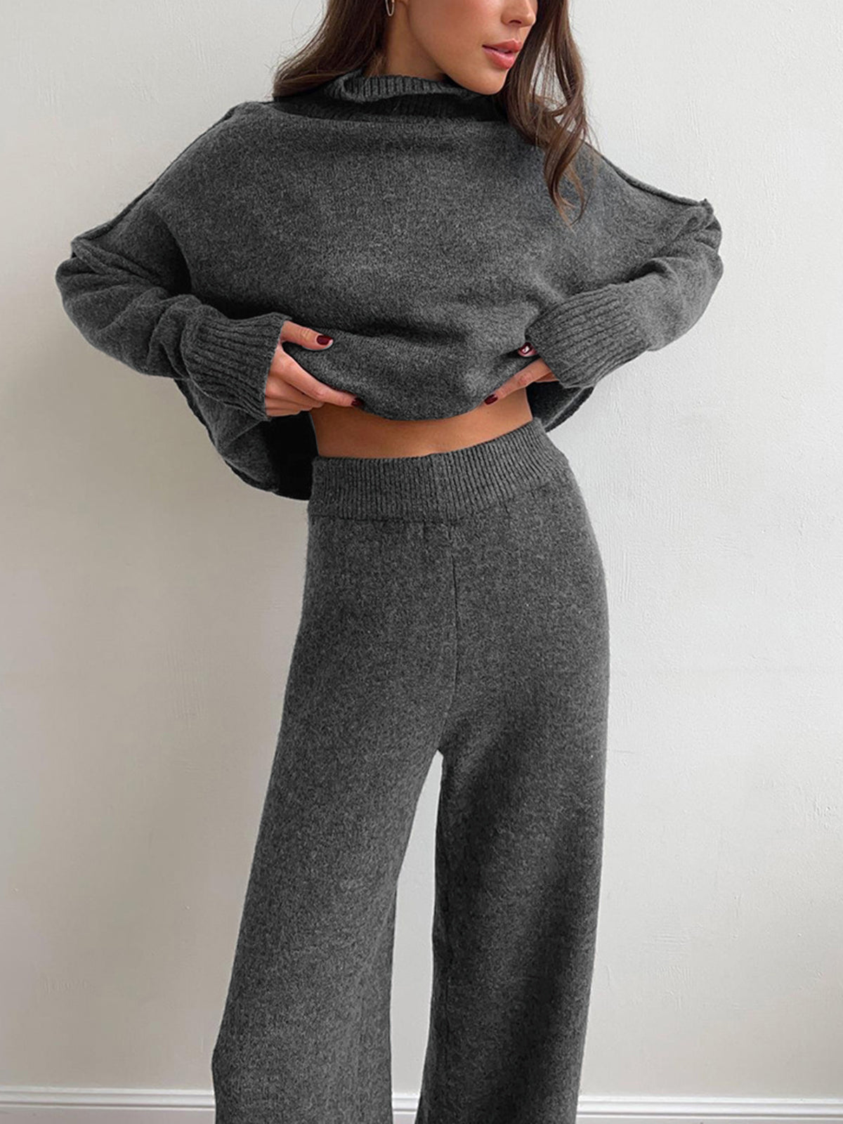 Women's Crew Neck Jumper with Long Sleeves and Flare Trousers