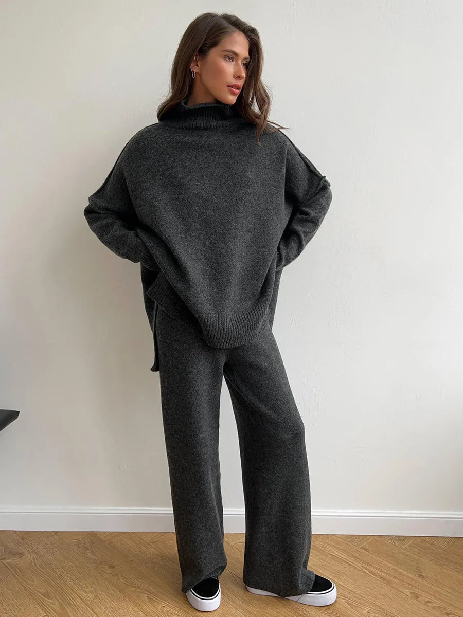 Women's Crew Neck Jumper with Long Sleeves and Flare Trousers