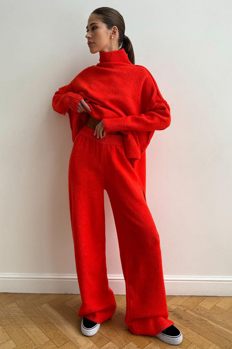 Women's Crew Neck Jumper with Long Sleeves and Flare Trousers