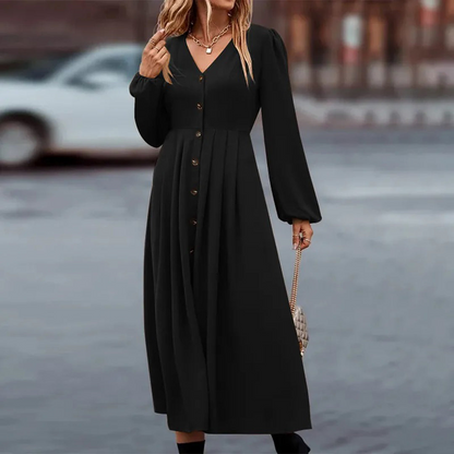Ladies Long V-Neck Maxi Dress with Buttons - Nocini