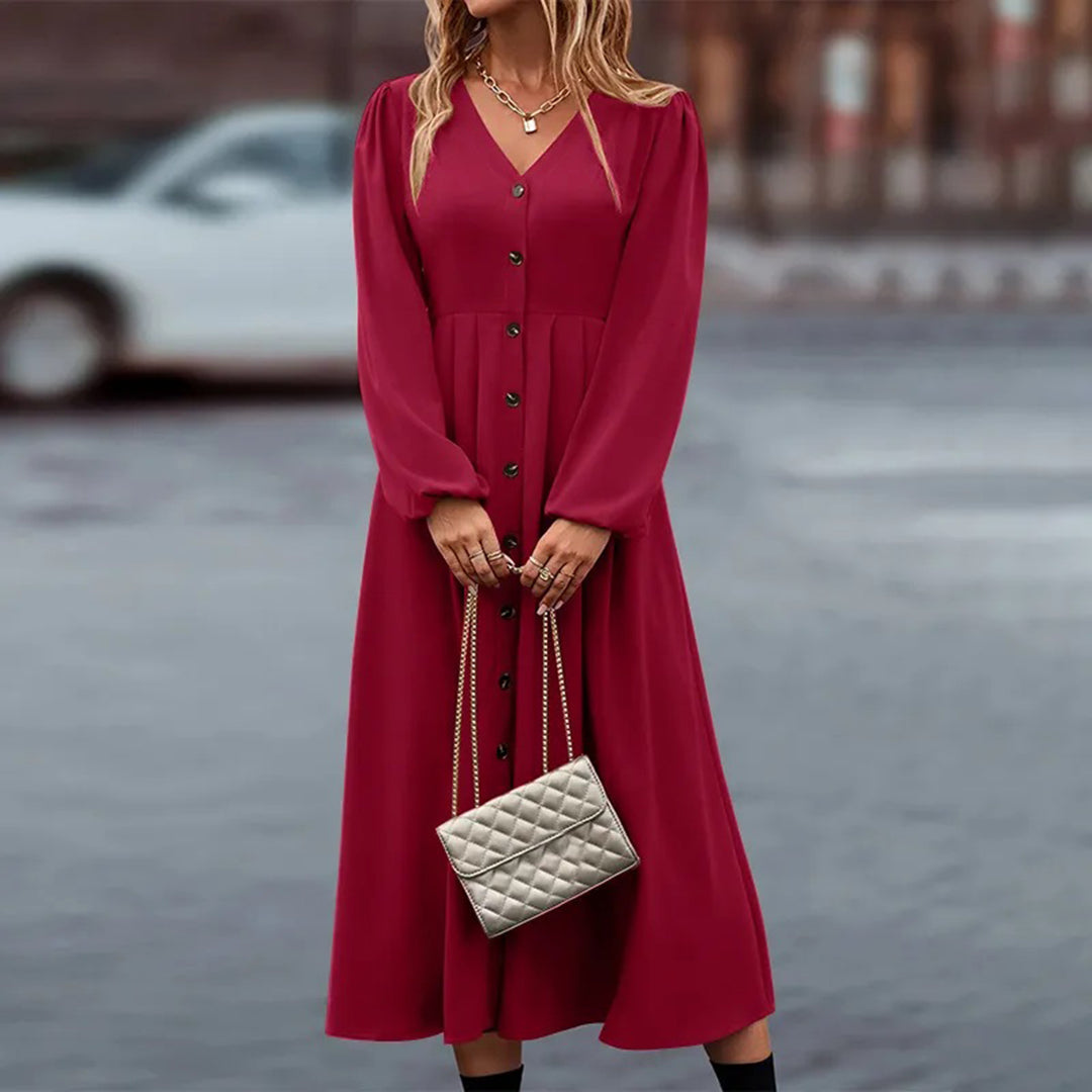 Ladies Long V-Neck Maxi Dress with Buttons