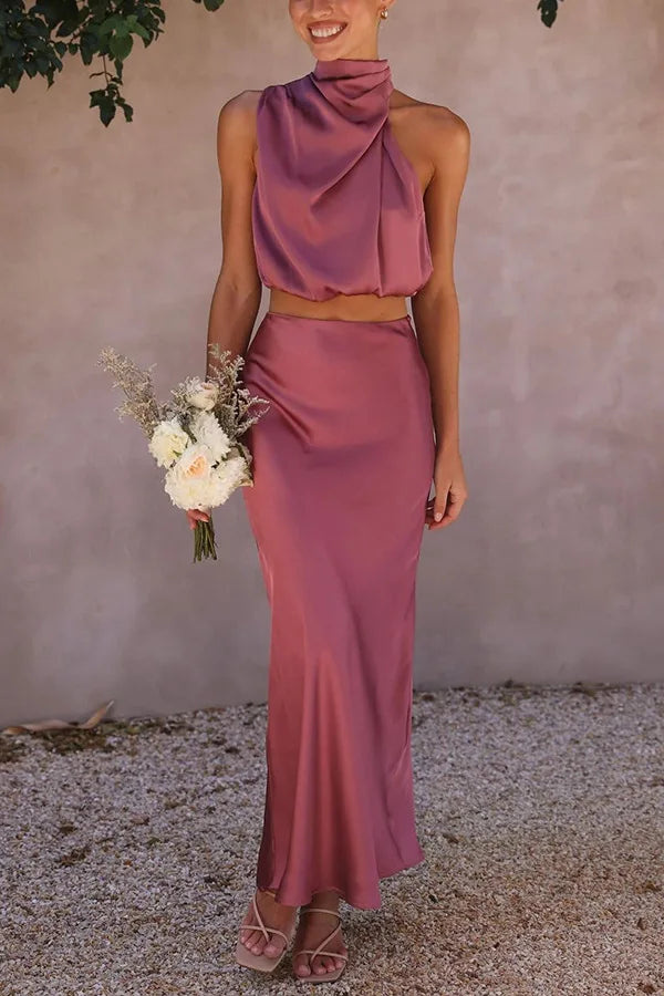 Ladies' Halter Neck Crop Top and Midi Skirt Set - Nocini