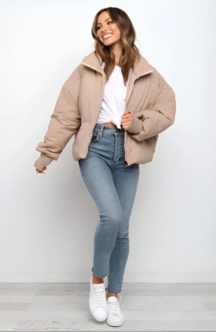 Women's Padded Zip Up Coat with High Collar - Nocini