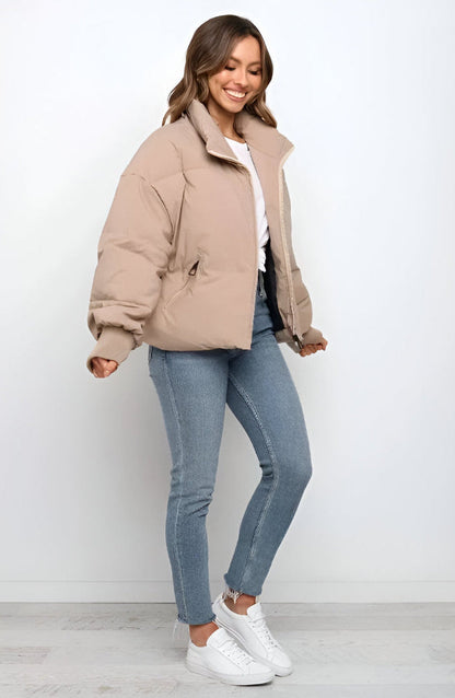 Women's Padded Zip Up Coat with High Collar