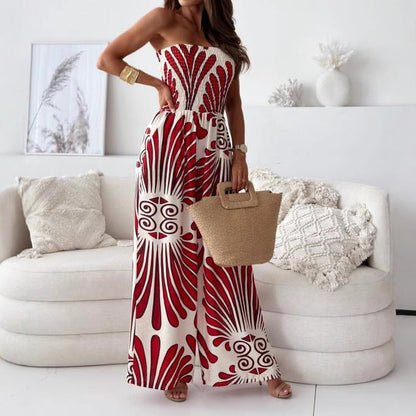 Women's Off Shoulder Wide Leg Printed Jumpsuit
