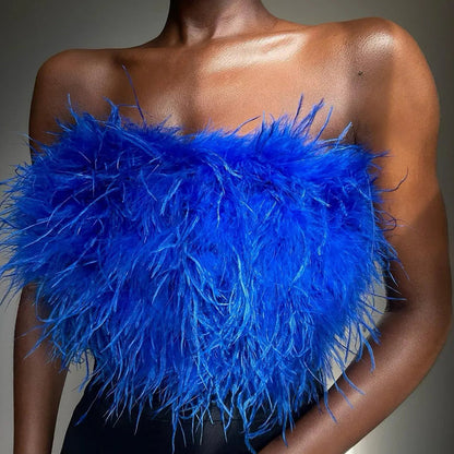 Sexy Off Shoulder Feather Trim Tank Top