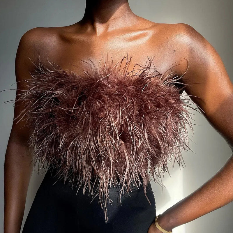 Sexy Off Shoulder Feather Trim Tank Top