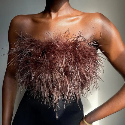 Sexy Off Shoulder Feather Trim Tank Top