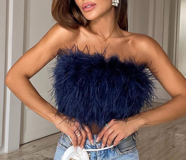 Sexy Off Shoulder Feather Trim Tank Top