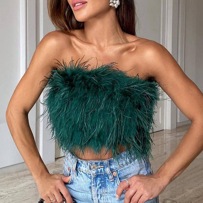 Sexy Off Shoulder Feather Trim Tank Top