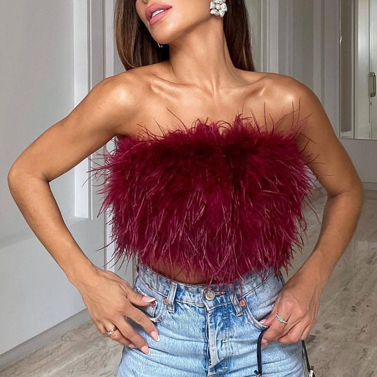Sexy Off Shoulder Feather Trim Tank Top