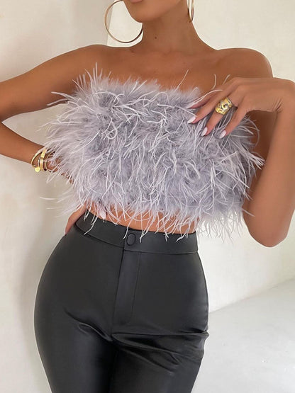 Sexy Off Shoulder Feather Trim Tank Top