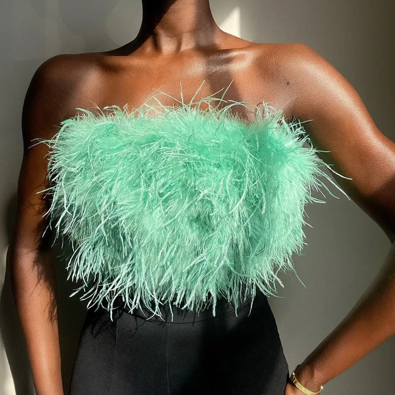 Sexy Off Shoulder Feather Trim Tank Top