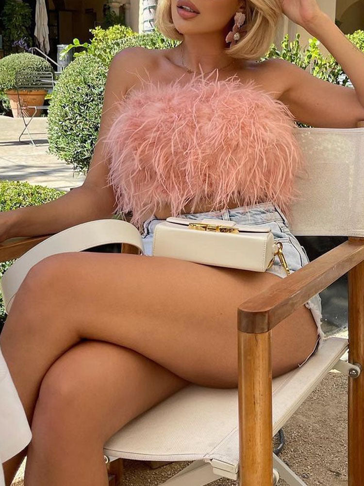 Sexy Off Shoulder Feather Trim Tank Top