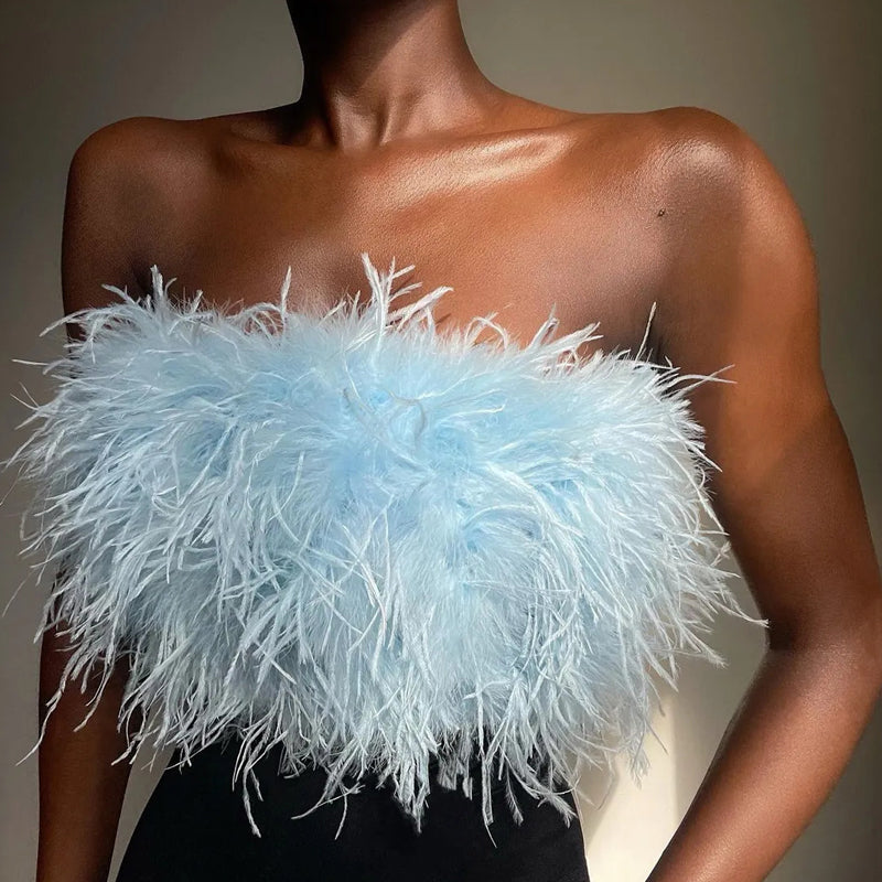 Sexy Off Shoulder Feather Trim Tank Top