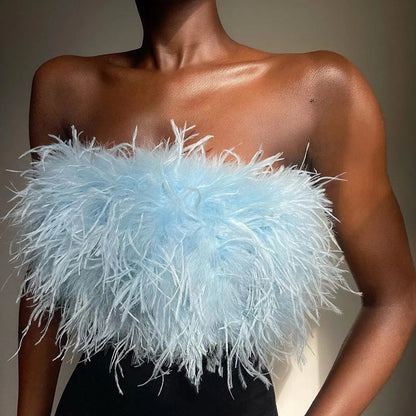 Sexy Off Shoulder Feather Trim Tank Top
