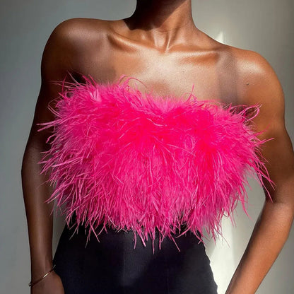 Sexy Off Shoulder Feather Trim Tank Top