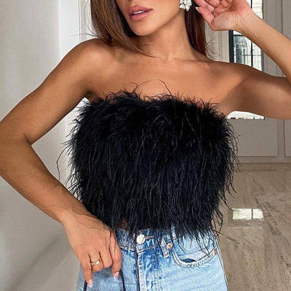 Sexy Off Shoulder Feather Trim Tank Top