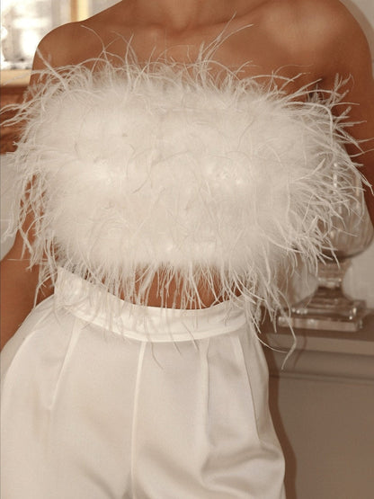 Sexy Off Shoulder Feather Trim Tank Top