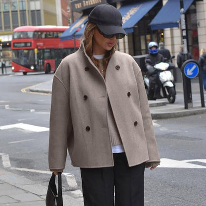 Women's Casual Short Coat with Zip-Up Neck and Colorful Buttons