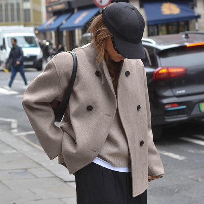 Women's Casual Short Coat with Zip-Up Neck and Colorful Buttons