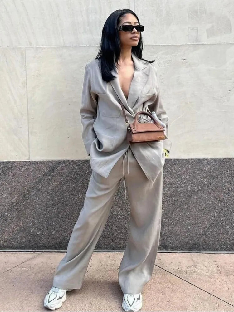 Ladies' 2-Piece Suit with Long Jacket and Wide Leg Pants - Nocini