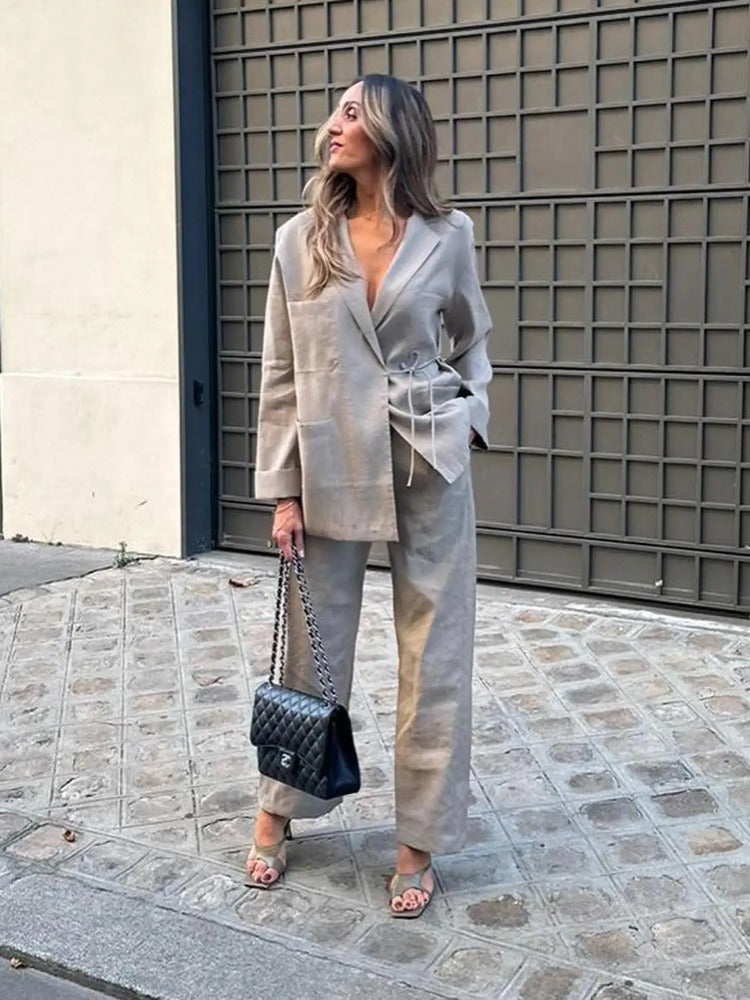 Ladies' 2-Piece Suit with Long Jacket and Wide Leg Pants