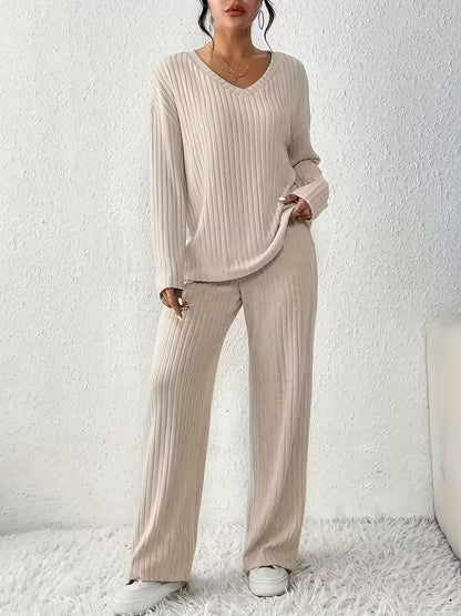 Ladies' 2-Piece V-Neck Top and Flowy Pants Set