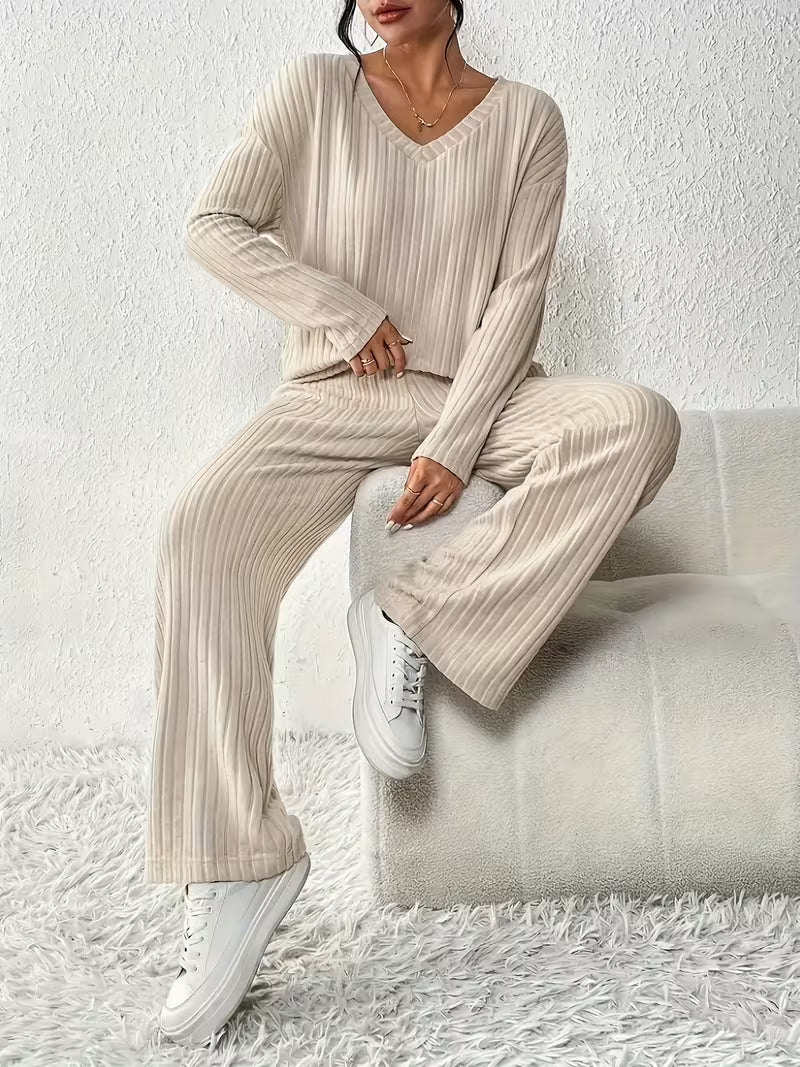 Ladies' 2-Piece V-Neck Top and Flowy Pants Set
