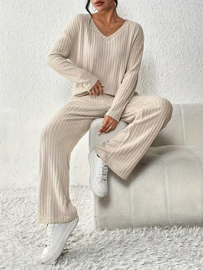Ladies' 2-Piece V-Neck Top and Flowy Pants Set