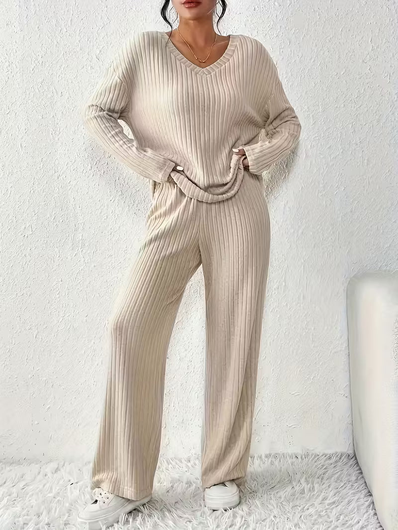 Ladies' 2-Piece V-Neck Top and Flowy Pants Set