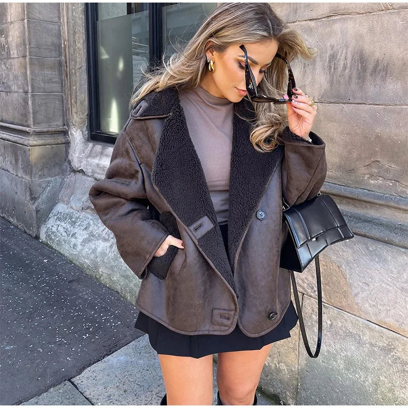 Ladies' Coat with Faux Fur Trim and Button Front