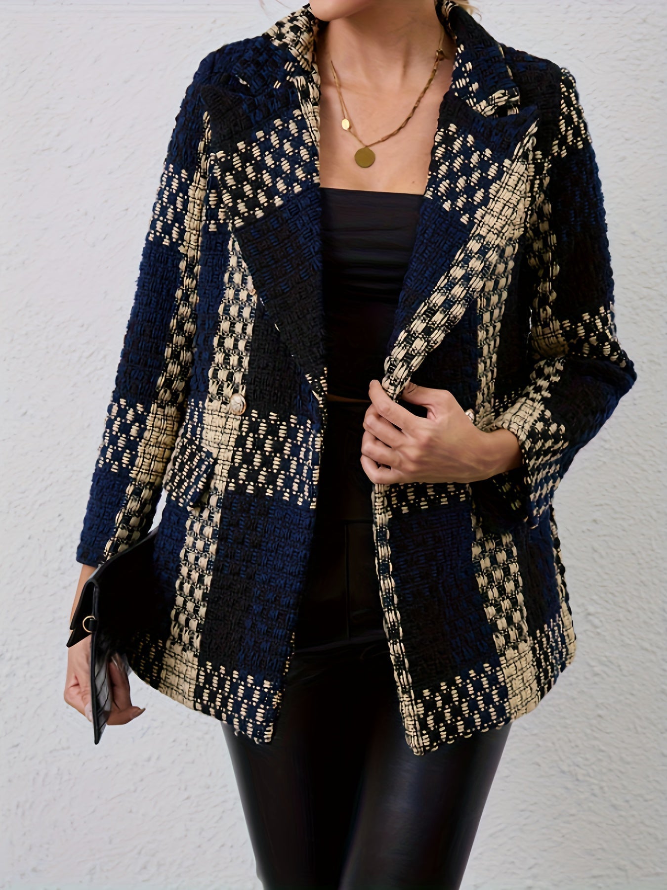 Plaid Coat for Women with Classic Collar Style
