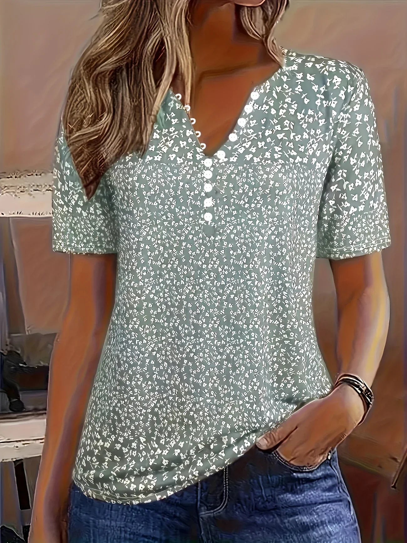 Relaxed Fit V Neck Short Sleeve Women's Top