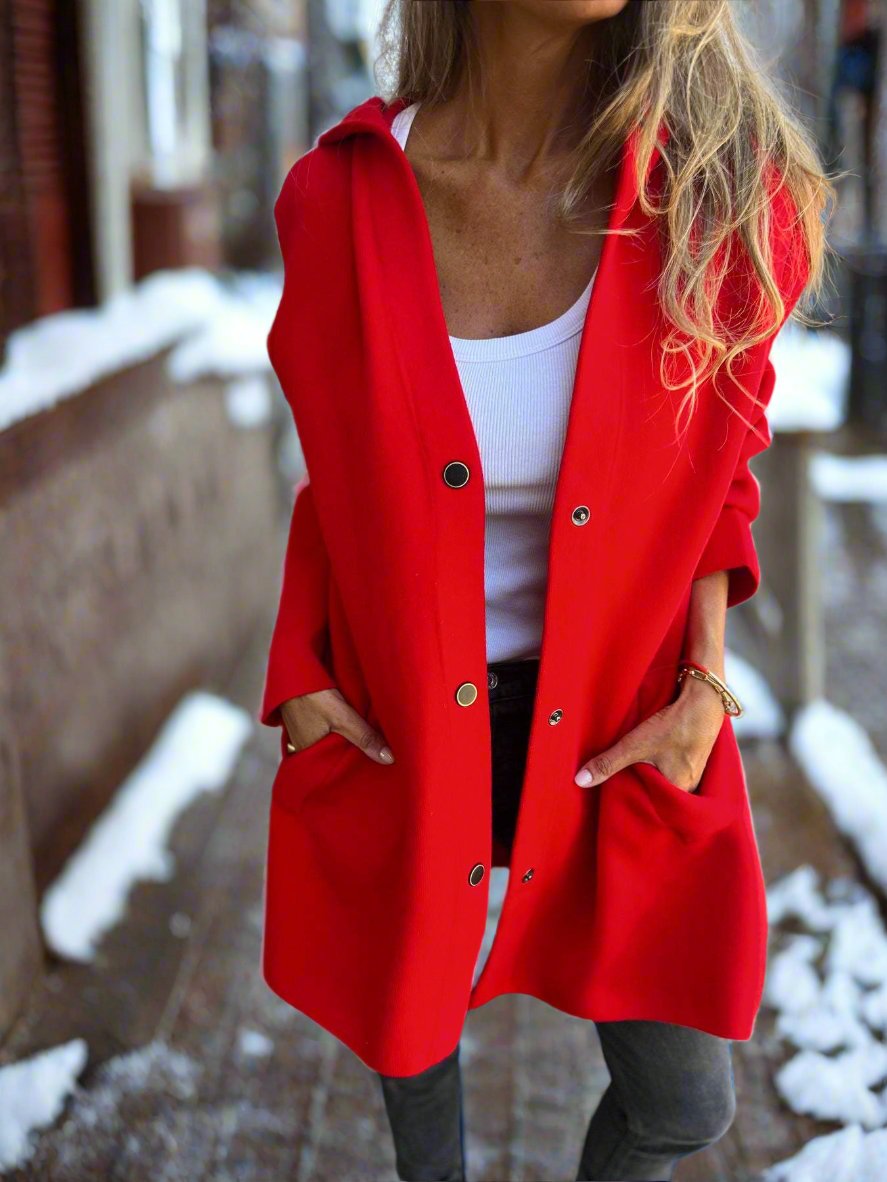 Warm Women's Coat with Hood and Button Front