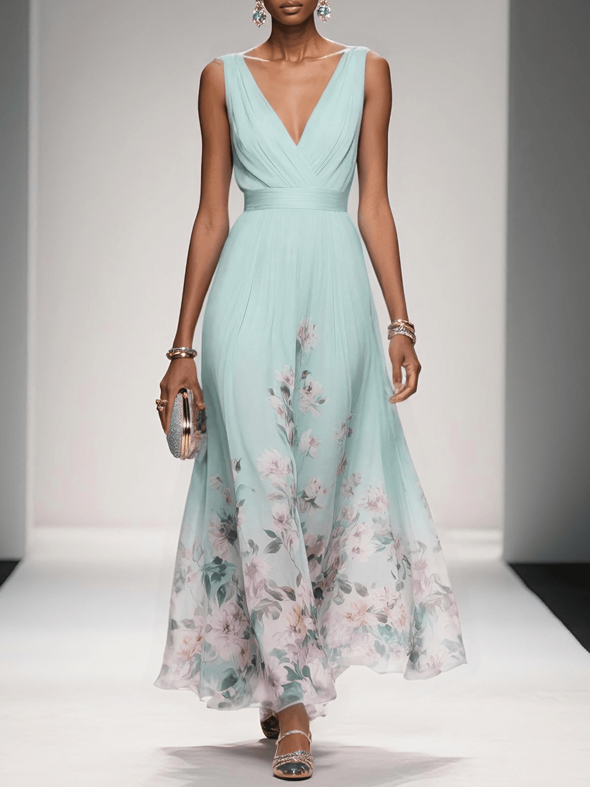 Pastel Blue Flower Maxi Dress